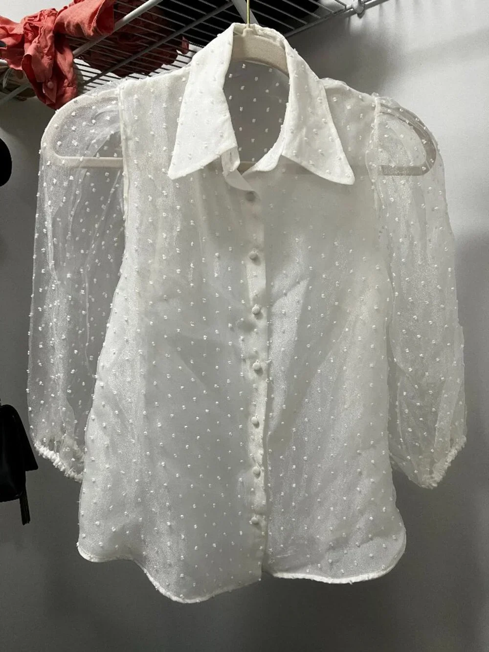 Women’s White Sheer Swiss Dot Blouse with Puff Sleeves and Covered Buttons